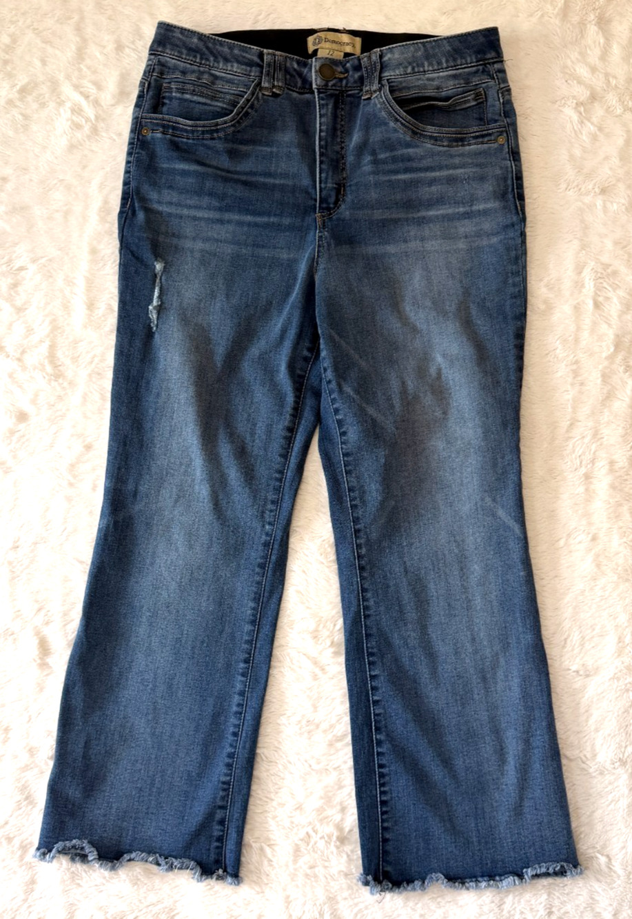 Democracy Jeans Womens 12 Blue Ab Solution Flare Cropped Frayed Hem B2531KEOOXX